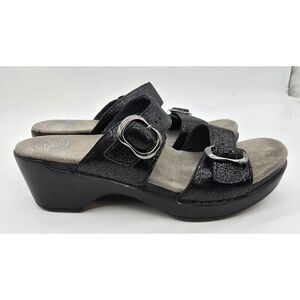 Dansko Womens Black Shimmer Buckle Strap Wedge Sandals Size 39